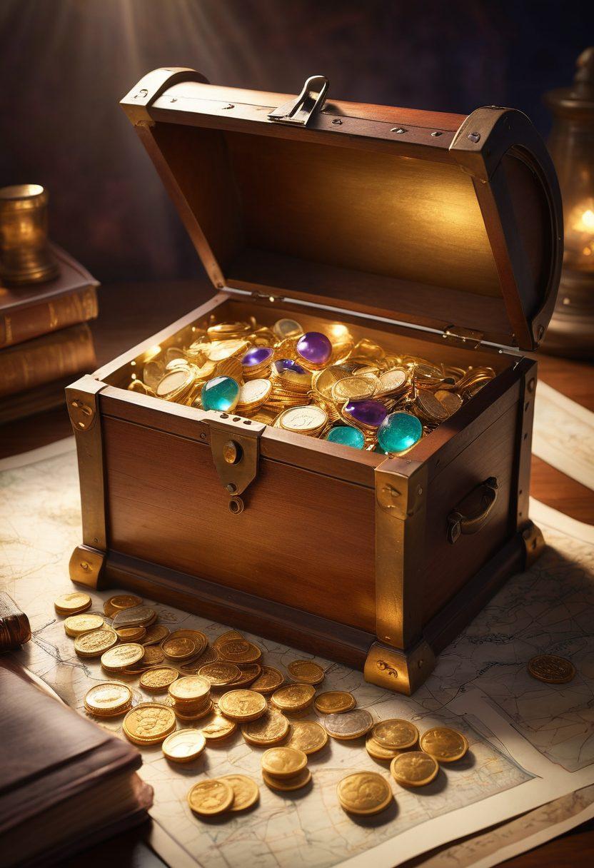 A treasure chest overflowing with gold coins and gemstones, surrounded by mysterious, glowing orbs symbolizing unclaimed assets. In the background, a faint outline of maps and documents, representing lost funds. Soft light beams illuminating the chest to create a sense of discovery. A subtle gradient of colors for a magical feel. vibrant colors. 3D.