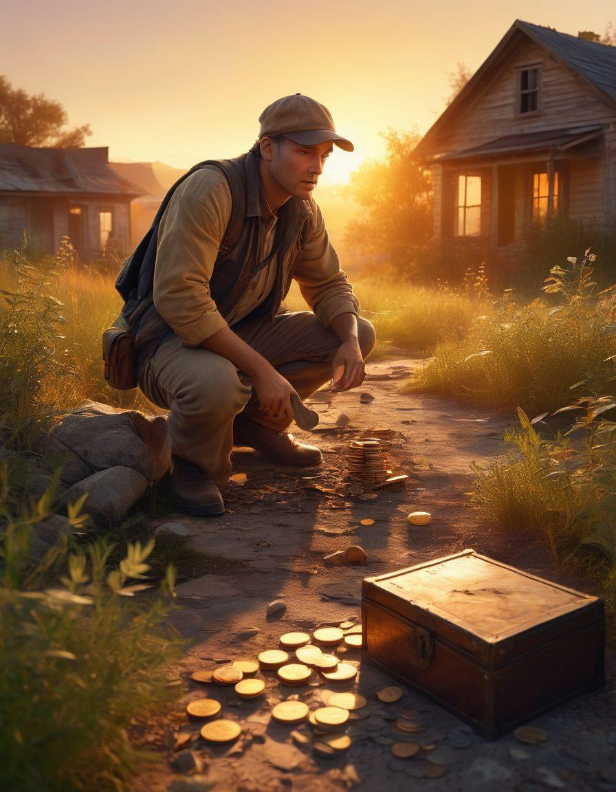 A treasure hunter examining an abandoned property, surrounded by overgrown weeds and old, crumbling buildings, with stacks of coins and a glowing treasure chest partially buried in the ground. In the background, a vibrant sunset casts golden light, symbolizing wealth and opportunity. Incorporate a subtle map overlay showing various fund claims locations. super-realistic. vibrant colors. 3D.